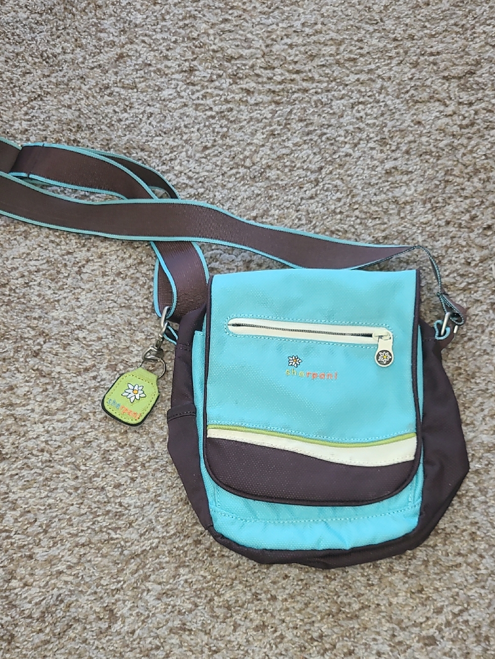 Sherpani Turquoise and Brown Crossbody with Yellow Trim